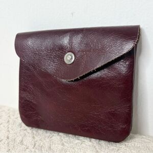 Burgundy Leather Coin Purse Key Ring Flap Zip Pouch Minimalist Wallet